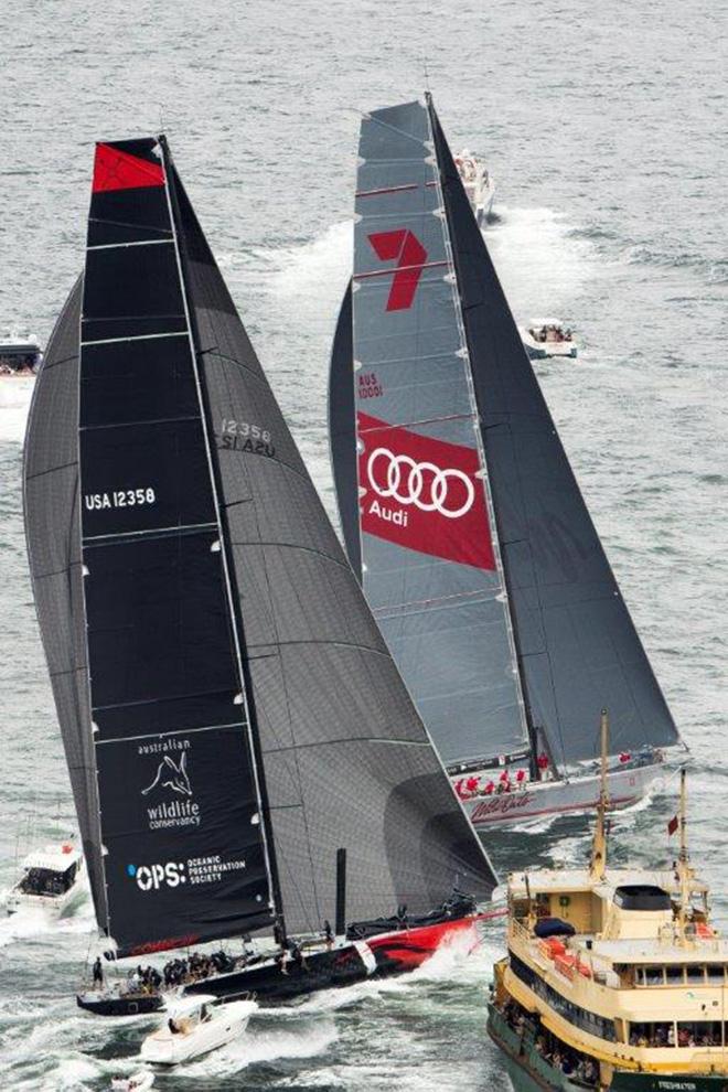 Ferry Close: An Andrea Francolini image from this year’s Solas Big Boat Challenge on Sydney Harbour – supermaxis Wild Oats XI and Comanche squeeze behind a harbour ferry. © Andrea Francolini http://www.afrancolini.com/